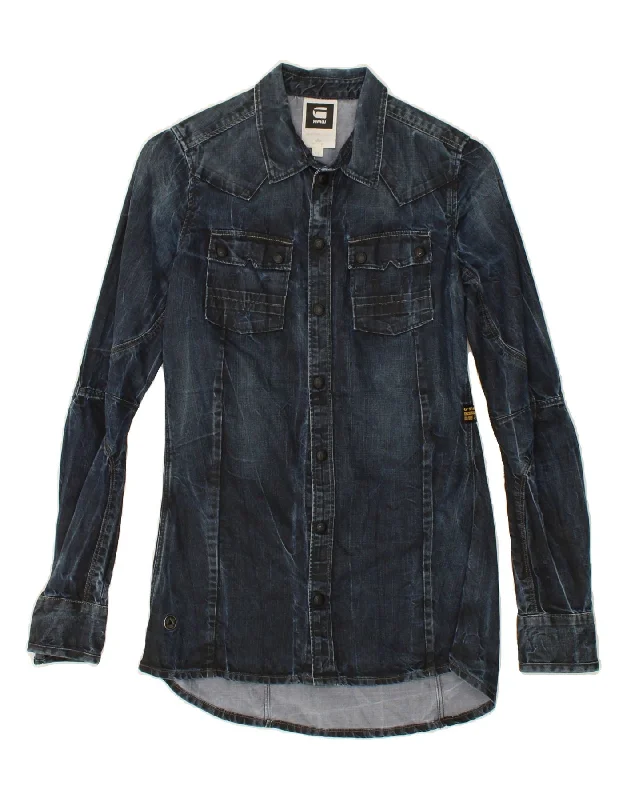 G-STAR Womens Denim Shirt UK 6 XS Navy Blue Hooded Caped Shawl Collar