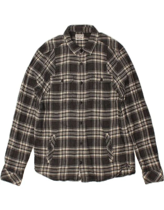ALL SAINTS Mens Flannel Shirt Medium Black Check Cotton Mesh Blend Leather Blend Suede Blend