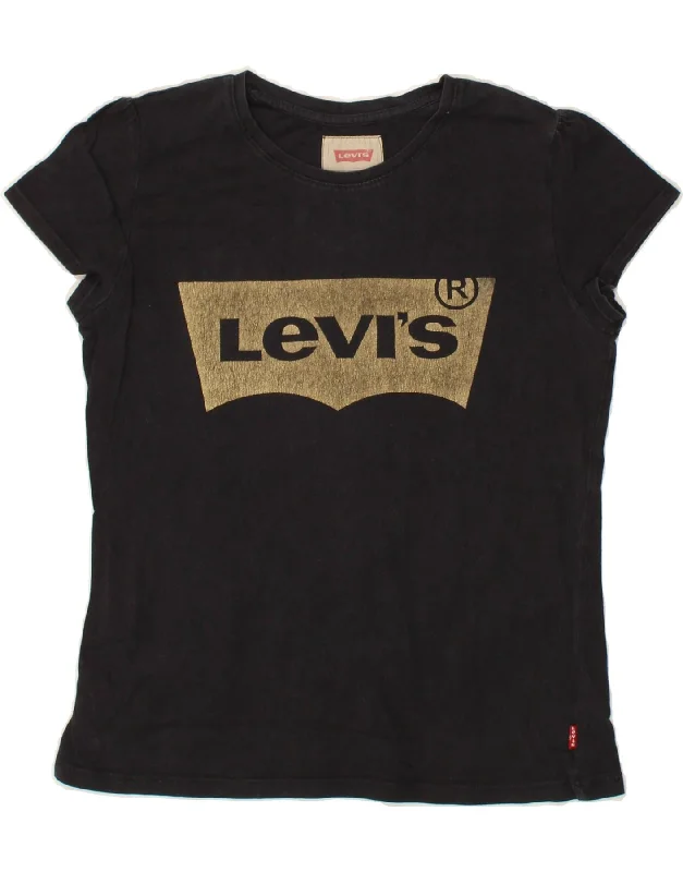 LEVI'S Girls Graphic T-Shirt Top 13-14 Years Black Cotton Solid Print Embellished