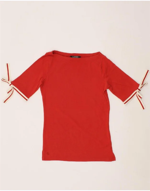 RALPH LAUREN Womens T-Shirt Top UK 8 Small Red Cotton Mesh Blend Leather Blend Suede Blend
