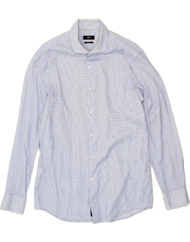 HUGO BOSS Mens Slim Fit Shirt Size 17 XL Blue Striped Cotton Welt Pockets Slit Pockets
