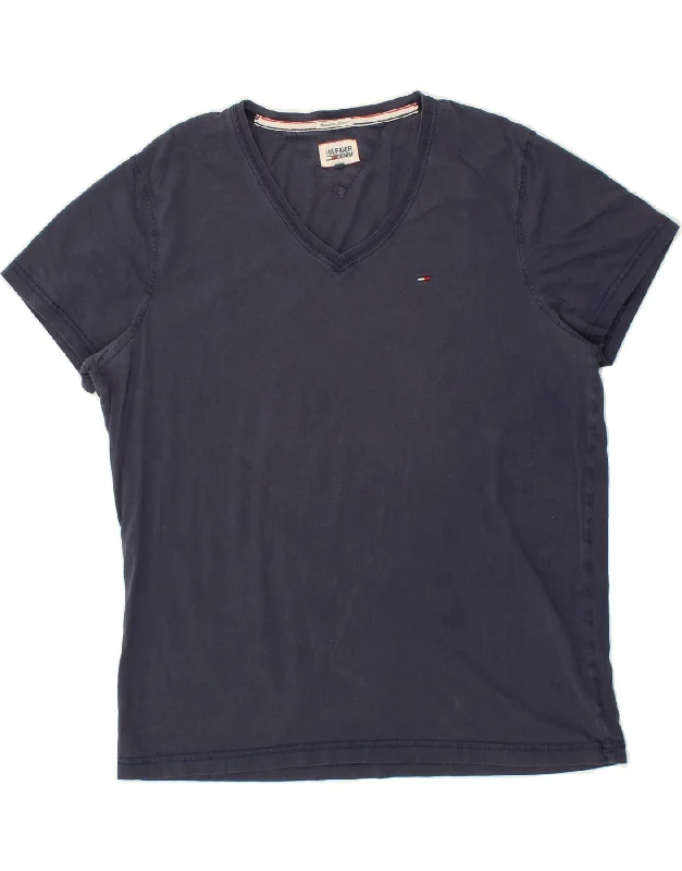 TOMMY HILFIGER Mens T-Shirt Top XL Navy Blue Cotton Hooded Caped Shawl Collar