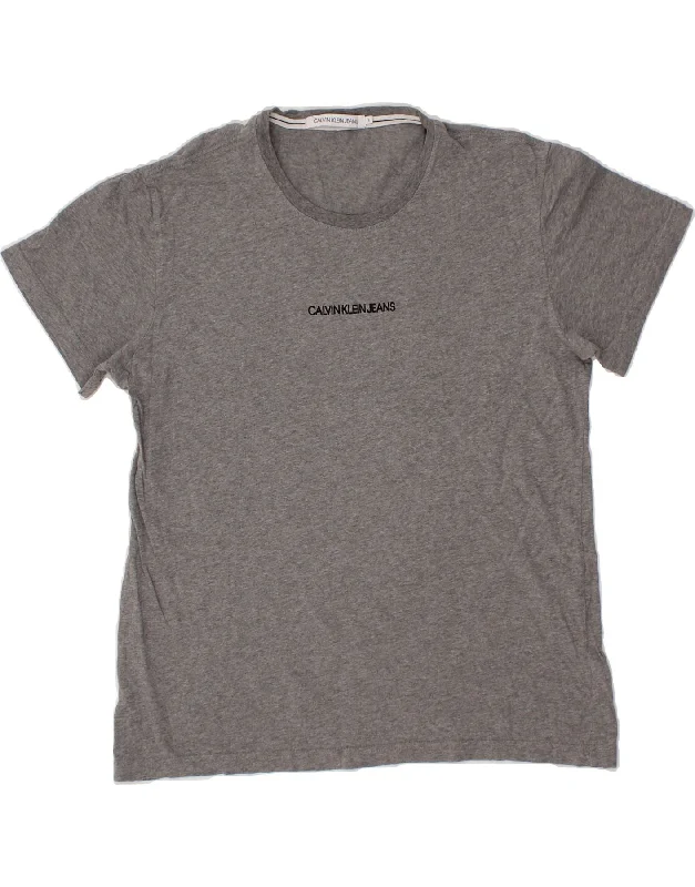 CALVIN KLEIN JEANS Mens T-Shirt Top Large Grey Cotton Collared T-Shirt Boat Neck A-Line