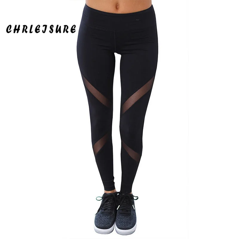 CHRLEISURE Sexy Women Leggings Gothic Insert Mesh Design Trousers Pants Big Size Black Capris Sportswear New Fitness Leggings Comfortable Stretch Leggings