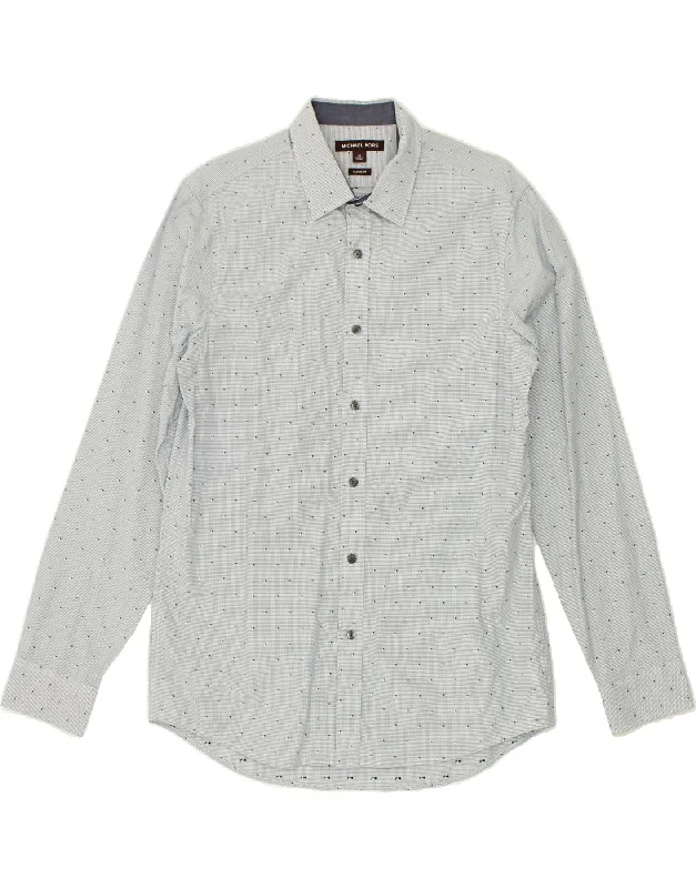 MICHAEL KORS Mens Classic Fit Shirt Medium Blue Spotted Cotton Hooded Caped Shawl Collar