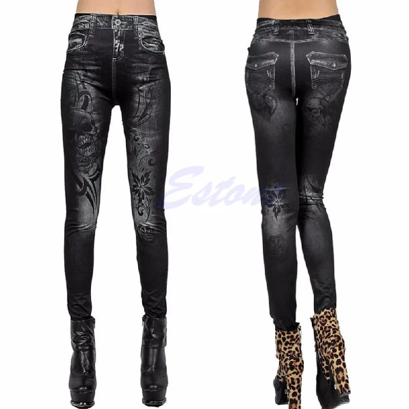 2017 Sexy Women Skull Print Leggings Stretchy Slim Fit Jeans Jeggings Skinny Pencil Pants Female Skull Imitation Cowboy Leggings Stylish Printed Sport Leggings