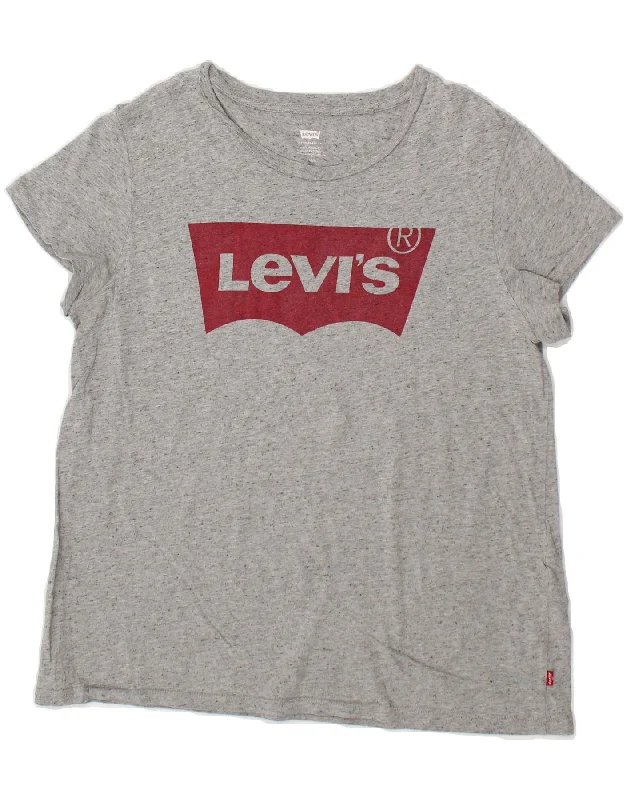 LEVI'S Womens Graphic T-Shirt Top  UK 16 Large Grey Flecked Cotton Rayon Velvet Corduroy