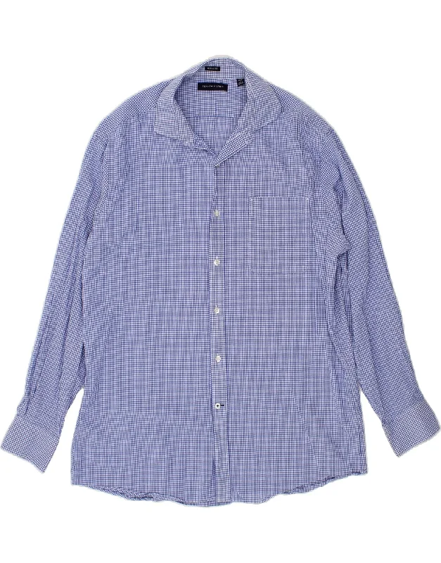 TOMMY HILFIGER Mens Regular Fit Shirt Size 16 1/2  Large Blue Gingham Knit Fabric Woven Fabric Fleece Fabric
