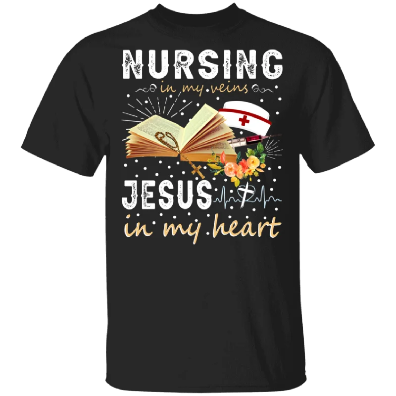 Nursing In My Veins Jesus In My Heart Floral Christian Cross Bible Nurse Hat Shirt Matching Nurse Doctor Christian Gifts T-Shirt Spandex Blend Rayon Blend Denim Blend