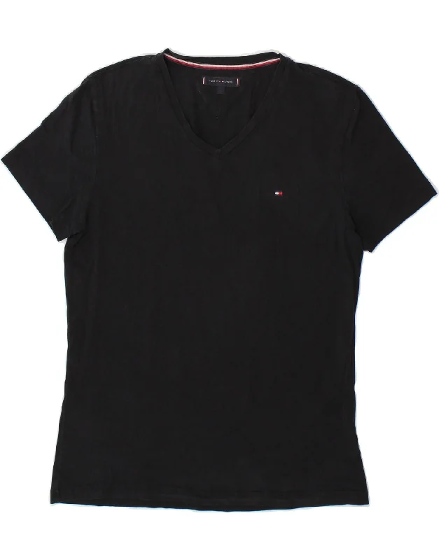 TOMMY HILFIGER Womens T-Shirt Top UK 16 Large Black Cotton Collared T-Shirt Boat Neck A-Line
