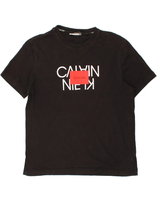 CALVIN KLEIN Womens Graphic T-Shirt Top UK 16 Large Black Cotton Notch Collar Peter Pan Collar Cowl Neck