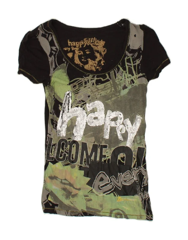 DESIGUAL Womens Graphic T-Shirt Top UK 8 Small Black Colourblock Front Pockets Side Pockets Patch Pockets