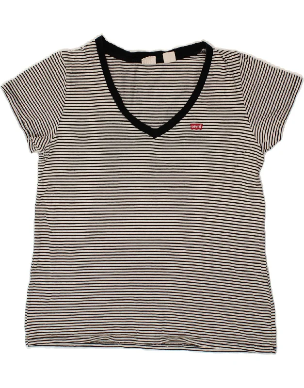 LEVI'S Womens T-Shirt Top UK 16 Large Black Pinstripe Iron Safe Non-Iron Wrinkle Free