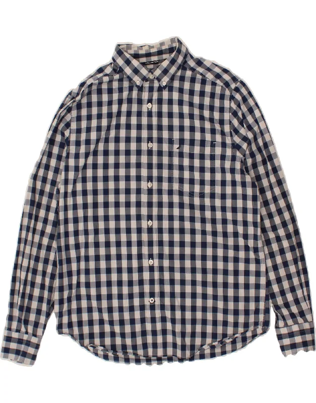 NAUTICA Mens Shirt Large Navy Blue Gingham Cotton Iron Safe Non-Iron Wrinkle Free