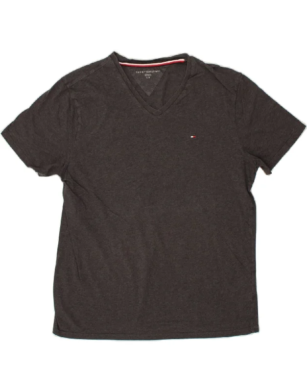 TOMMY HILFIGER Mens T-Shirt Top Large Grey Cotton Chenille Blend Fleece Blend Nylon Blend
