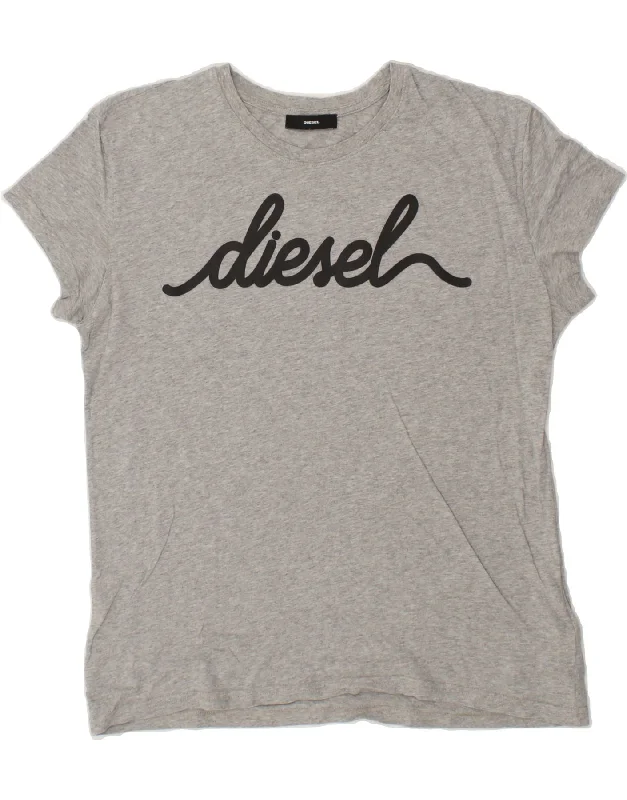 DIESEL Womens Graphic T-Shirt Top UK 18 XL Grey Cotton Striped Floral Plaid
