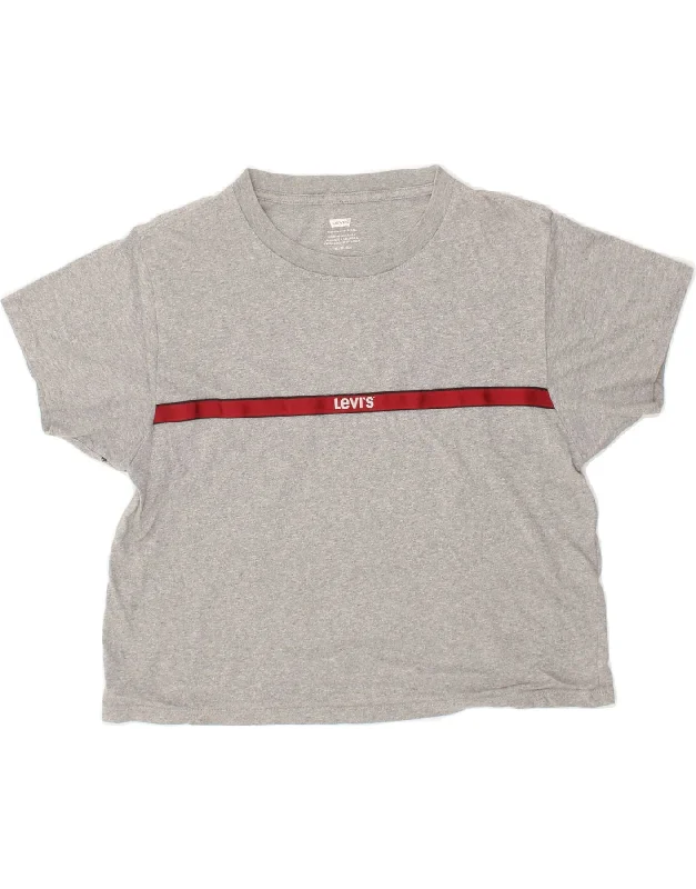 LEVI'S Womens Oversized Crop T-Shirt Top UK 6 XS Grey Cotton Collared Crew Neck Turtle Neck