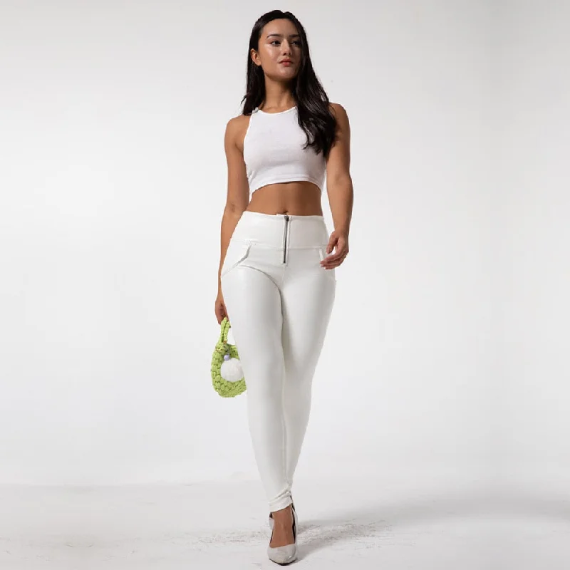 Women's Synthetic Leather Stretchy High Waist Scrunch Bum Push-Up Leggings Trendy Side-Pocket Leggings