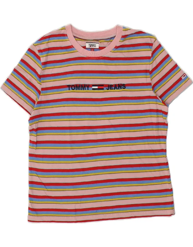 TOMMY HILFIGER Womens T-Shirt Top UK 14 Large Pink Striped Mesh Canvas Denim