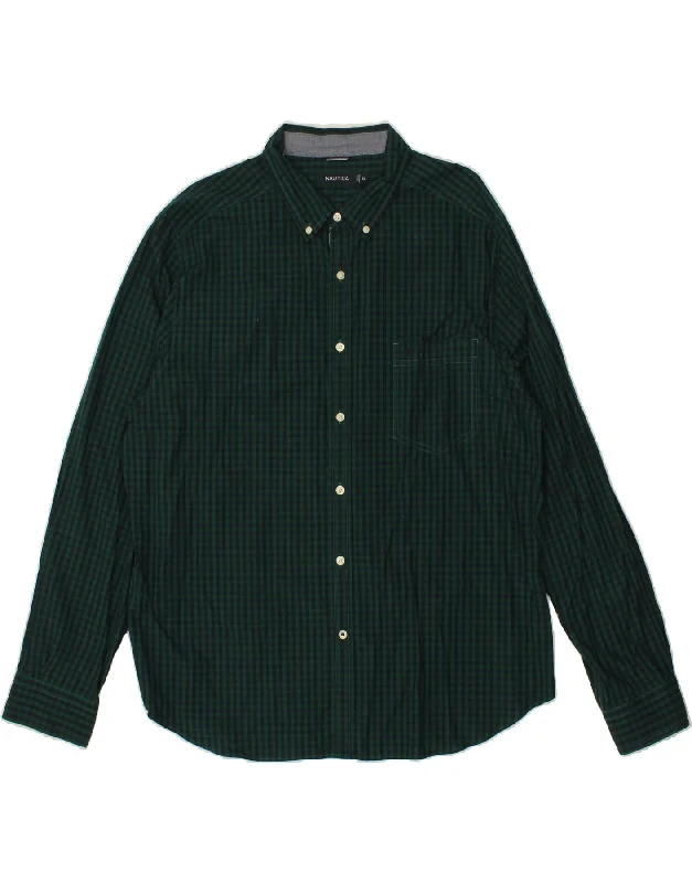 NAUTICA Mens Shirt 2XL Green Gingham Cotton Satin Blend Silk Blend Wool Blend