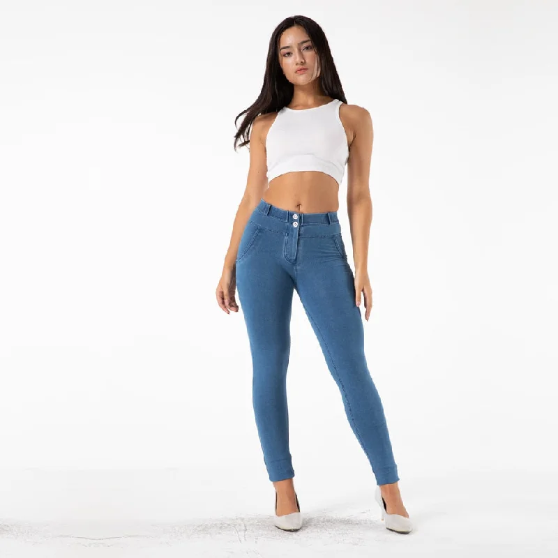Women Denim Blue Stretch Pencil Skinny Booty Lift Yoga Gym Leggings Trendy Color Block Leggings
