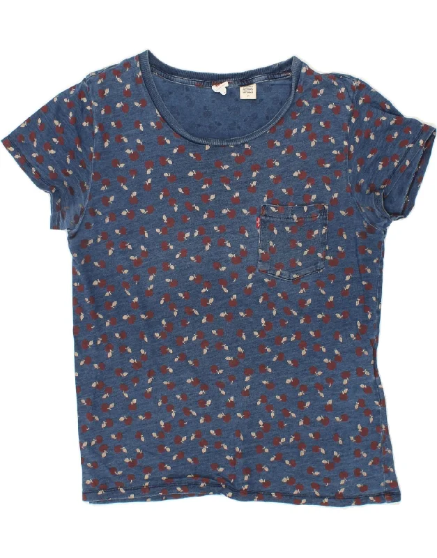 LEVI'S Womens T-Shirt Top UK 16 Large Navy Blue Floral Cotton Welt Pockets Slit Pockets