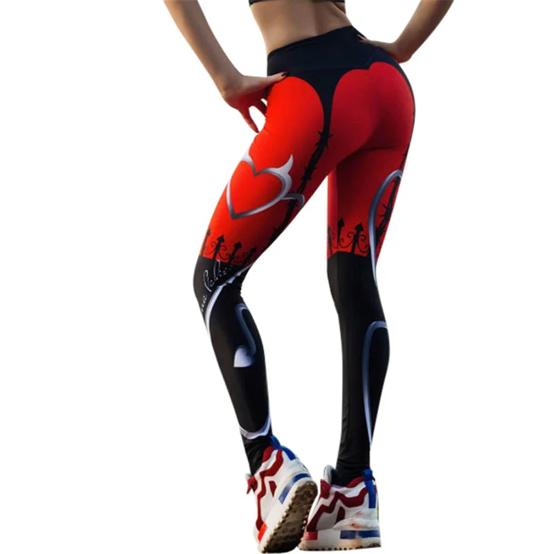 JLZLSHONGLE New Sexy Heart Print Leggings Women Red Black Patchwork Sporting Pants Fashion Printed Women's Fitness Leggings Stylish Lightweight Leggings