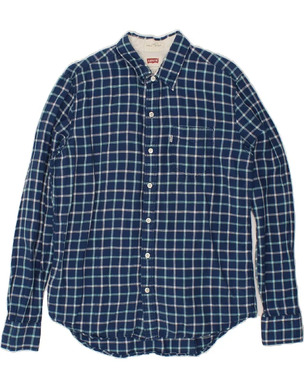 LEVI'S Mens Slim Fit Shirt Large Blue Check Linen Zippered Buttoned Snapped