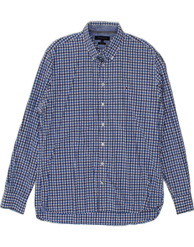 TOMMY HILFIGER Mens Custom Fit Shirt XL Blue Check Cotton Handmade Hand-knitted Hand-woven