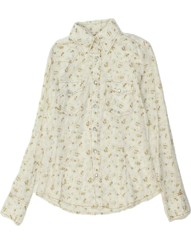 MARLBORO CLASSICS Womens Regular Fit Shirt UK 14 Medium White Floral Silk Blend Satin Velvet