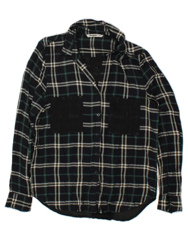DESIGUAL Womens Graphic Flannel Shirt UK 12 Medium Green Check Viscose Hooded Caped Shawl Collar