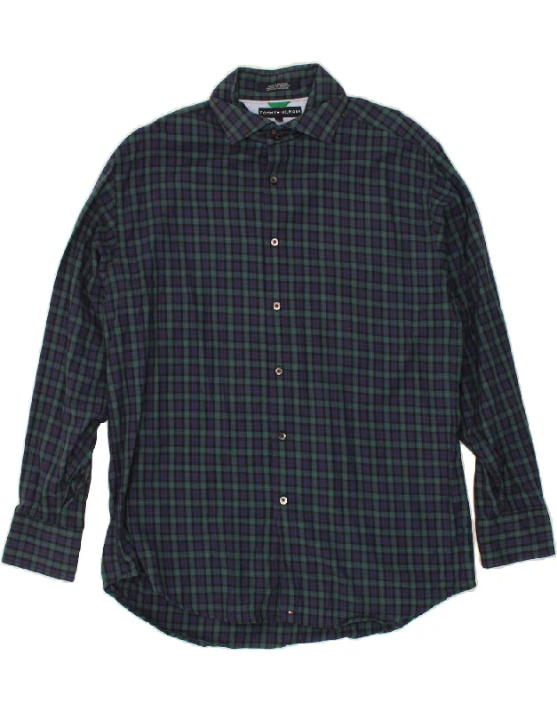 TOMMY HILFIGER Mens Shirt Large Navy Blue Check Cotton Satin Fabric Silk Fabric Chiffon Fabric