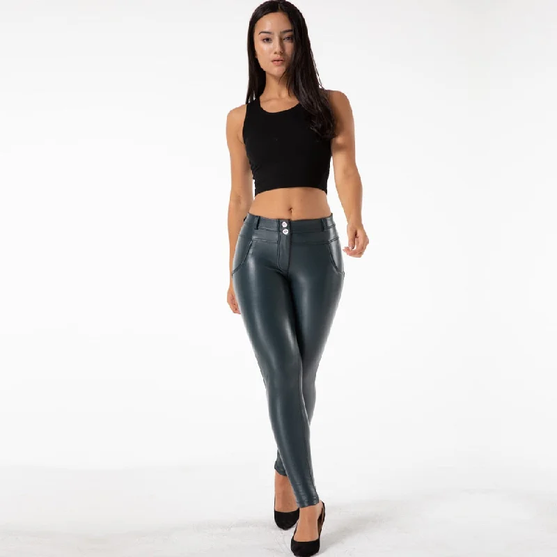 Women's Black Synthetic Leather Skinny Sports Fitness Workout Leggings Trendy Foil Finish Leggings