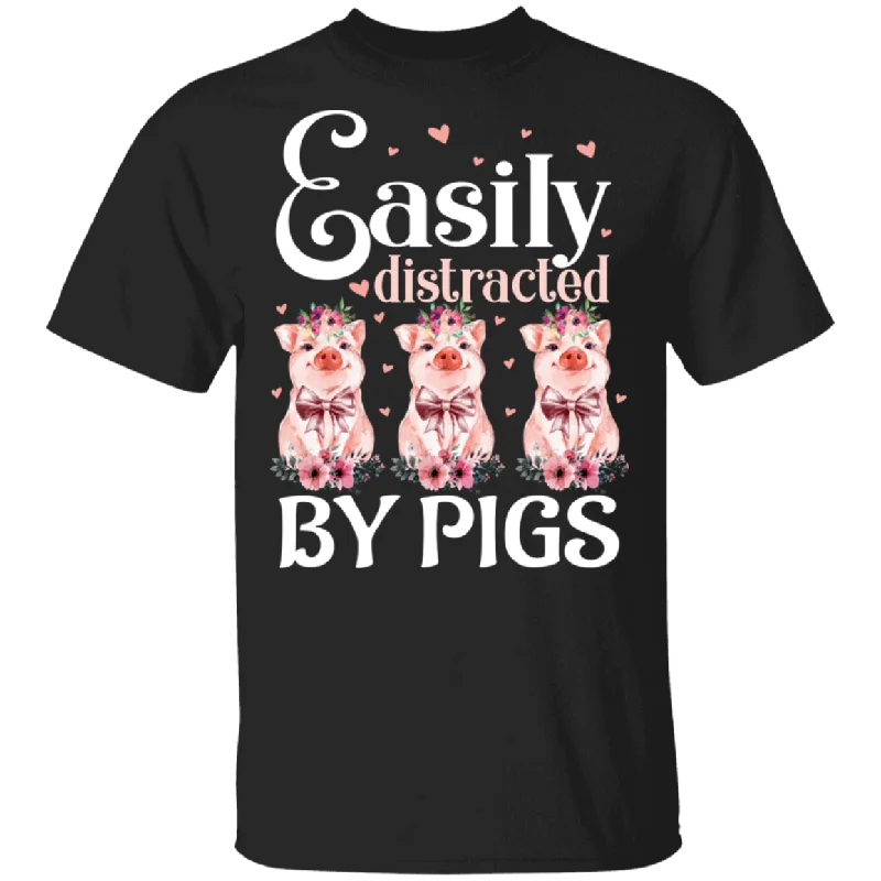 Easily Distracted By Pigs Cute Three Floral Pigs Matching Pig Lover Fans Women Gifts T-Shirt V-Neck T-Shirt Long Sleeve Cotton