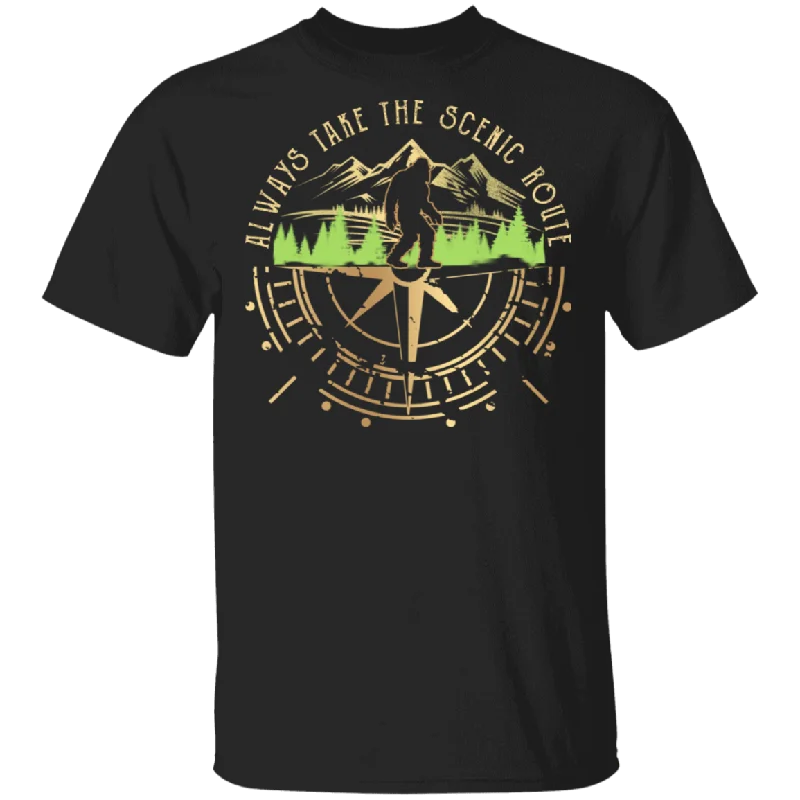 Always Take the Scenic Route Cool Bigfoot On Compass Shirt Matching Camper Traveler Gifts T-Shirt Denim Fabric Leather Fabric Suede Fabric