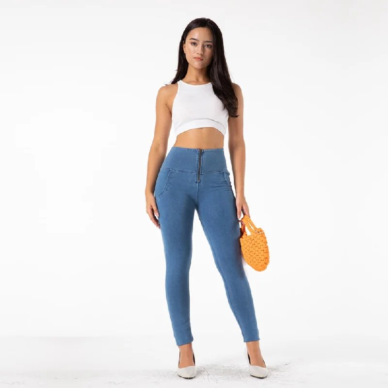Women's Sexy Blue Denim Elastic High Waist Yoga Workout Fitness Leggings Elegant Stretchy Faux Leather Leggings