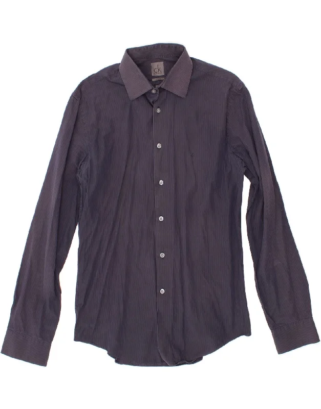 CALVIN KLEIN Mens Slim Fit Shirt Size 15 1/2 39 Medium Navy Blue Striped Solid Color Striped Floral