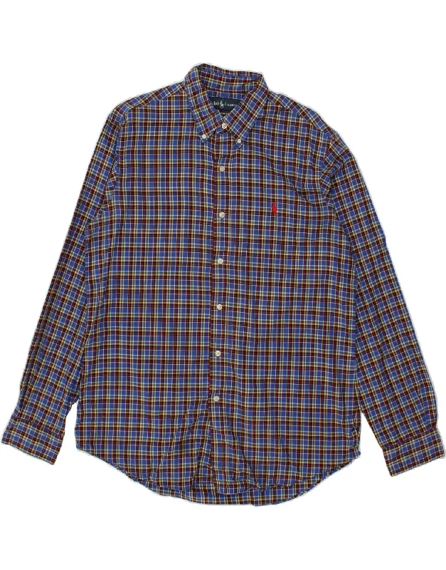 RALPH LAUREN Mens Custom Fit Flannel Shirt Large Blue Check Cotton V-Neck T-Shirt Long Sleeve Cotton