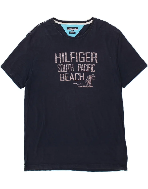 TOMMY HILFIGER Mens Graphic T-Shirt Top XL Navy Blue Cotton Ribbed Striped Patterned