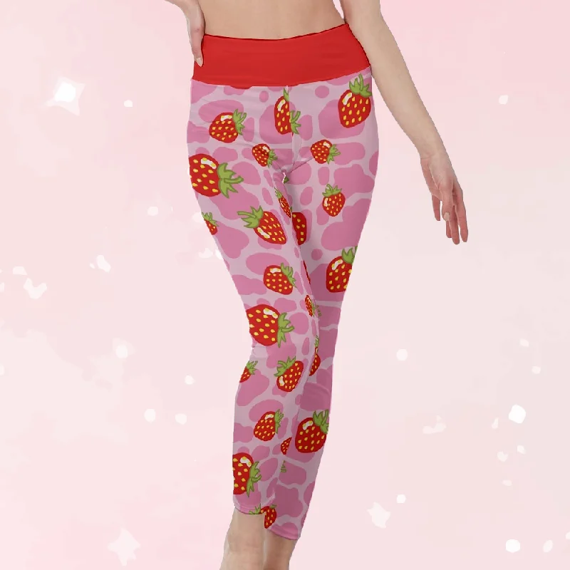 Strawberry Cow High Waist Leggings Comfortable Ribbed Waistband Leggings