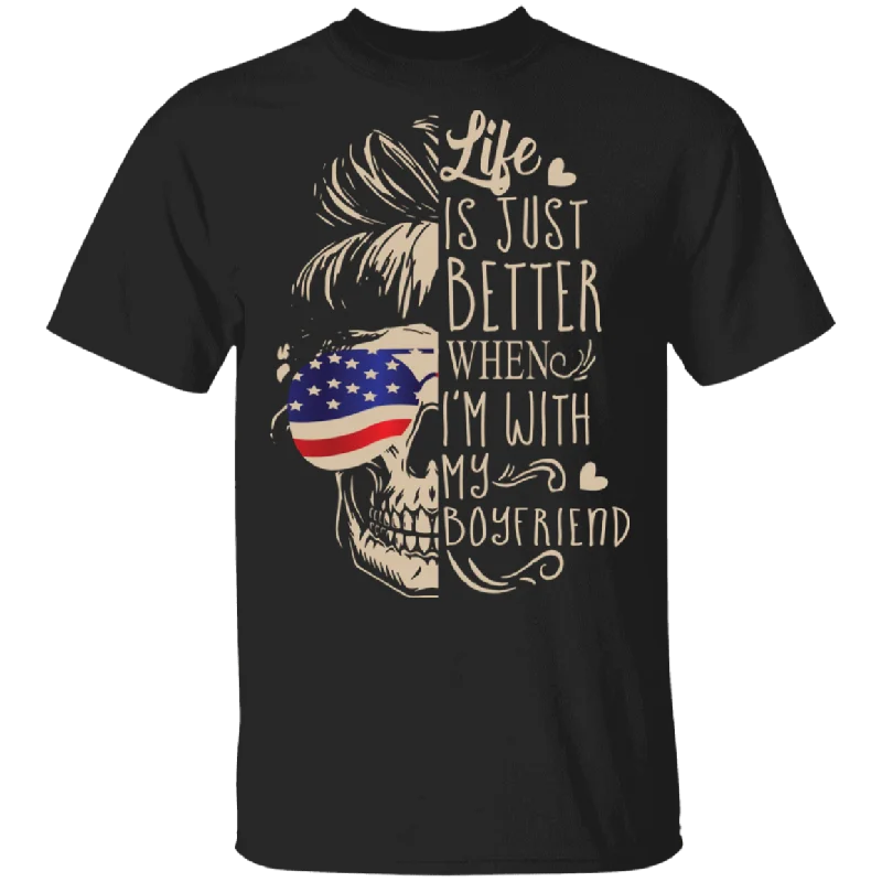 Life Is Just Better When I'm With My Boyfriend Cool American Flag Skull Women Gifts T-Shirt Polka Dot Checkered Tartan