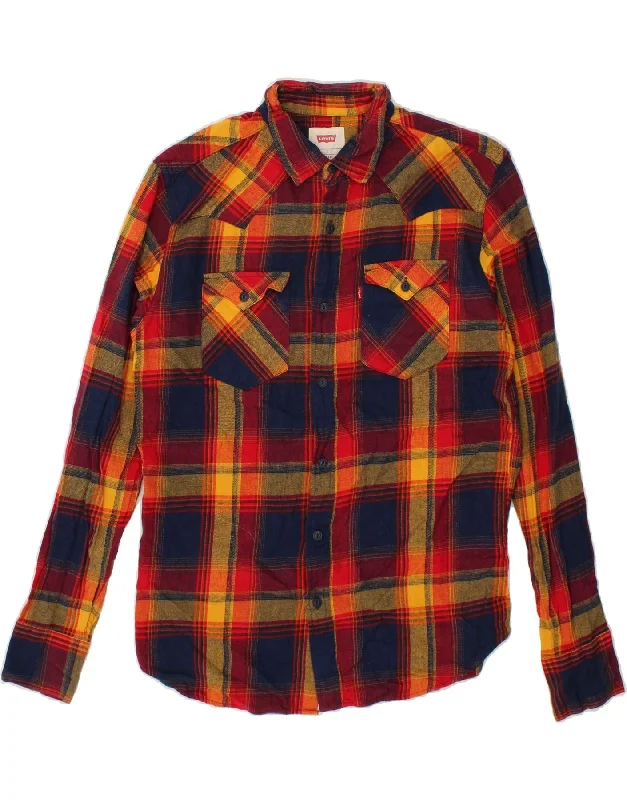 LEVI'S Mens Flannel Shirt Small Navy Blue Check Cotton Chenille Brocade Lace