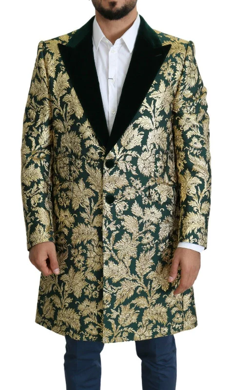 Elegant Gold Green Jacquard Sicilia Jacket Hoodie Zip-Up Jacket Button-Up Jacket