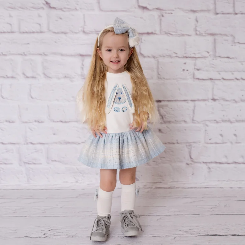 AW23 Daga Cream & Blue Check Bunny Motif Dress Tunics Vintage classic