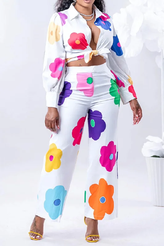 Floral Print Cute Knotted Pant Suit Classic Bootcut Trousers