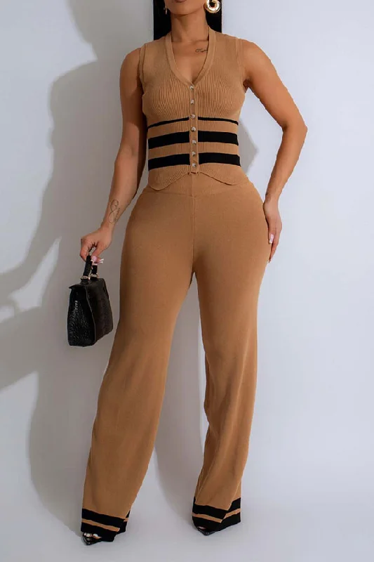 Striped Patchwork Sleeveless Commuting Knitted Pant Suit Classic Straight Pants