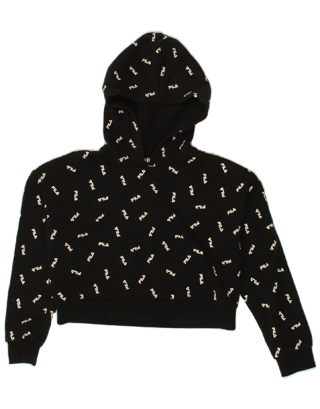 FILA Womens Oversized Graphic Crop Hoodie Jumper UK 6 XS Black Polyester Hoodie with Patch Decorative Personalized