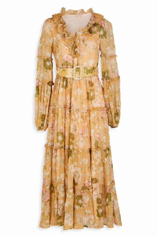 Organza Ruffle Dress in Golden Flowers