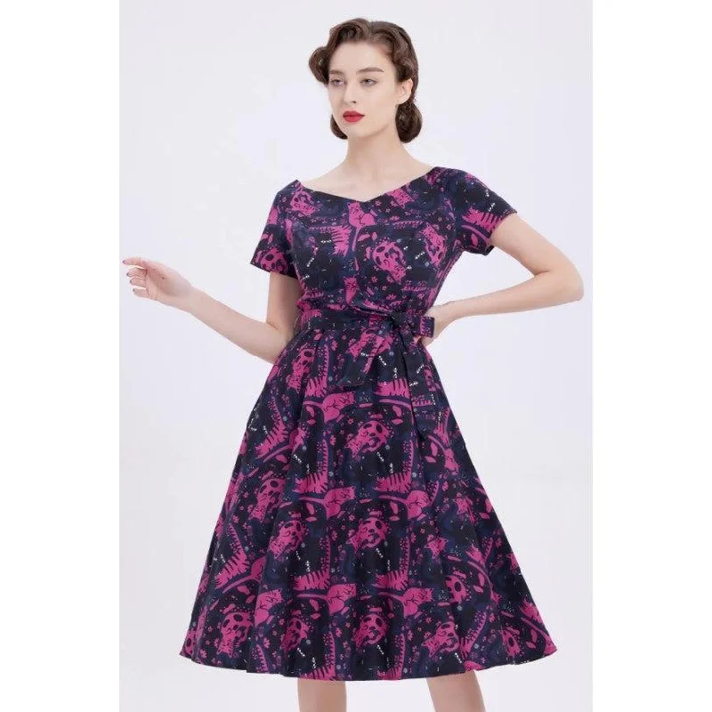 Miss Lulo Bella Swing Dress in Purple and Gray Cat Print Tunics Print Colorful