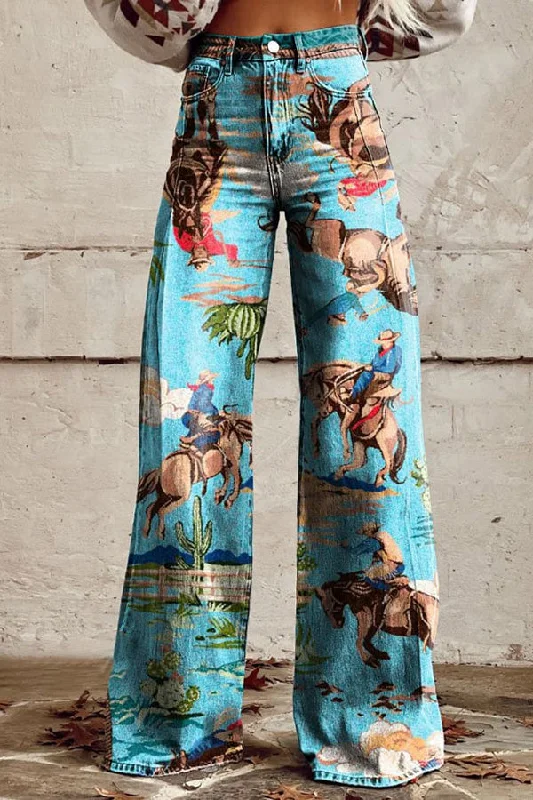 Women's Vintage Print Casual Wide Leg Pants Chic Wool Trousers